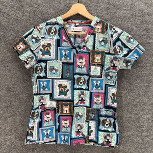 White Cross Scrub Top Women XS Blue Pets Print V-Neck Short Sleeve Cotton